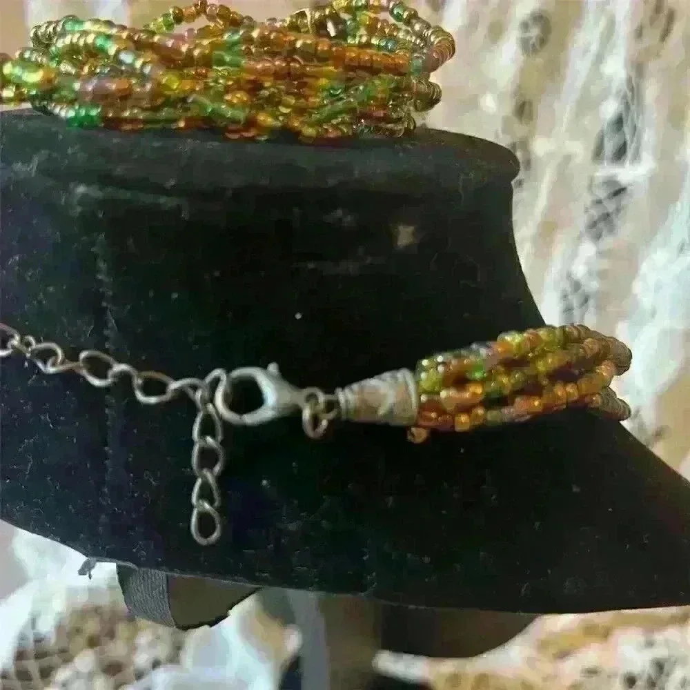 Vintage Multi-Strand Green Seed Bead Necklace w/ Enameled Rhinestone Enhancer